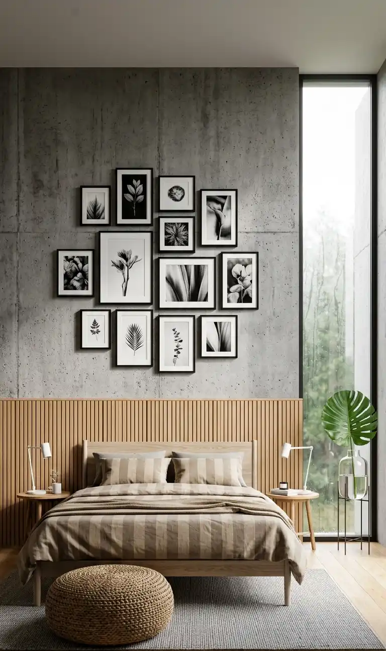 Organic Modern Bedroom: Elevated Woven Artistry  Prompt Details: -  Organic Modern Bedroom: The Concrete Gallery Suite