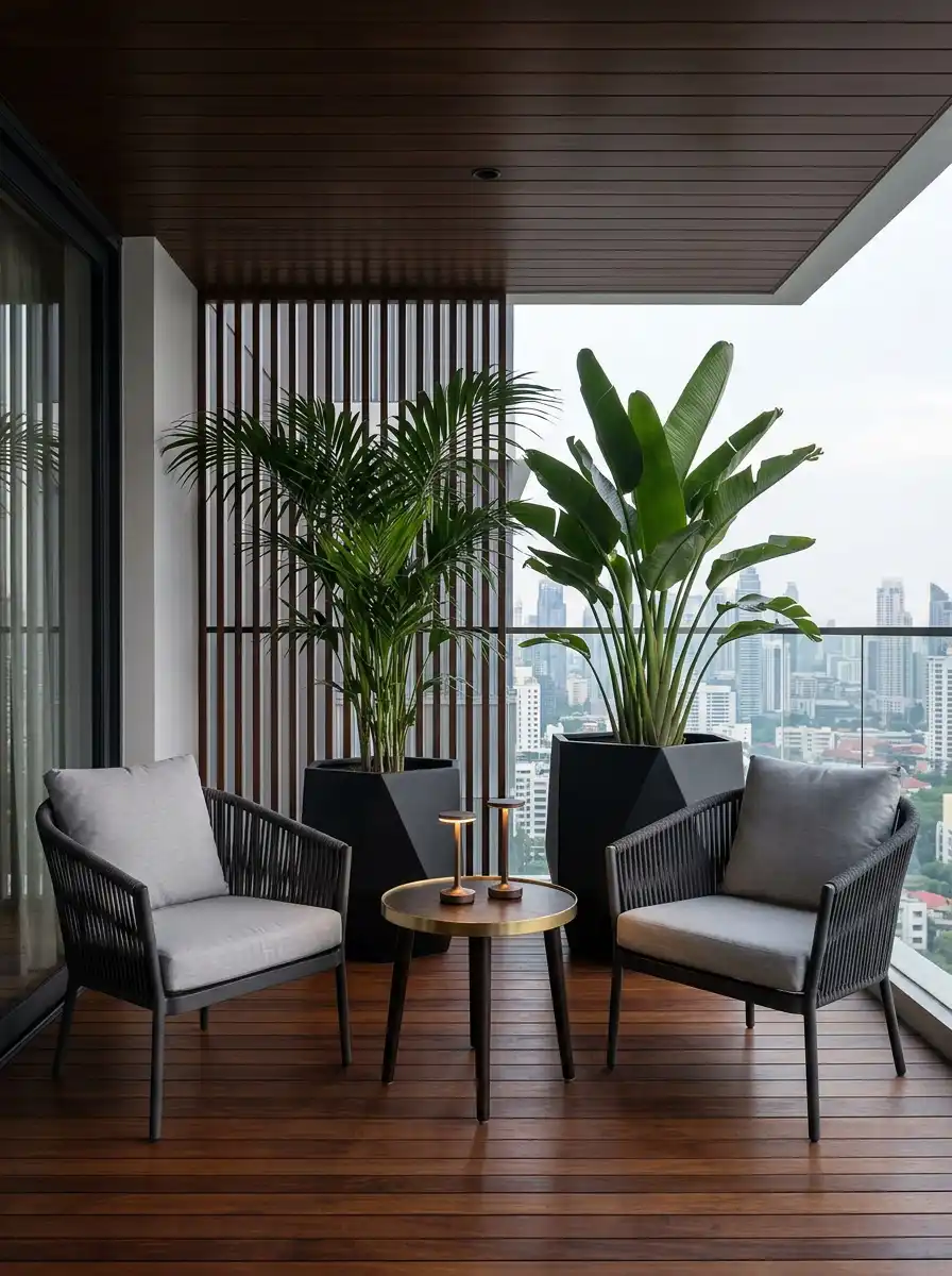 Luxury Modern Balcony Ideas : Tranquil Corner Lounge with Patterned Accents - Luxury Modern Balcony Ideas : Chic Urban Conversation Starter