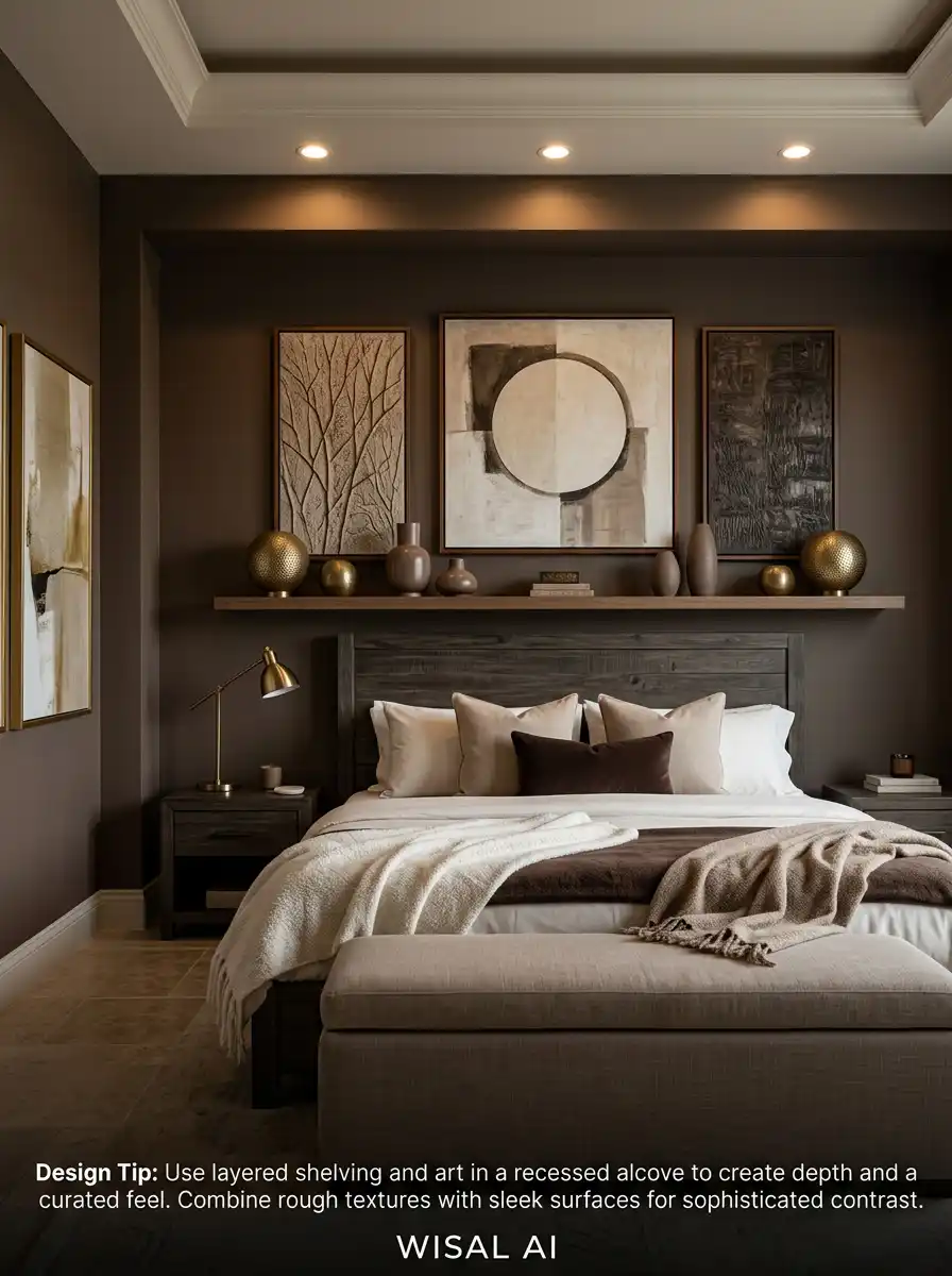 Luxury Mocha Bedroom Idea: The Tufted Velvet Evening Embrace - Luxury Mocha Bedroom Idea: The Curated Art and Texture Alcove