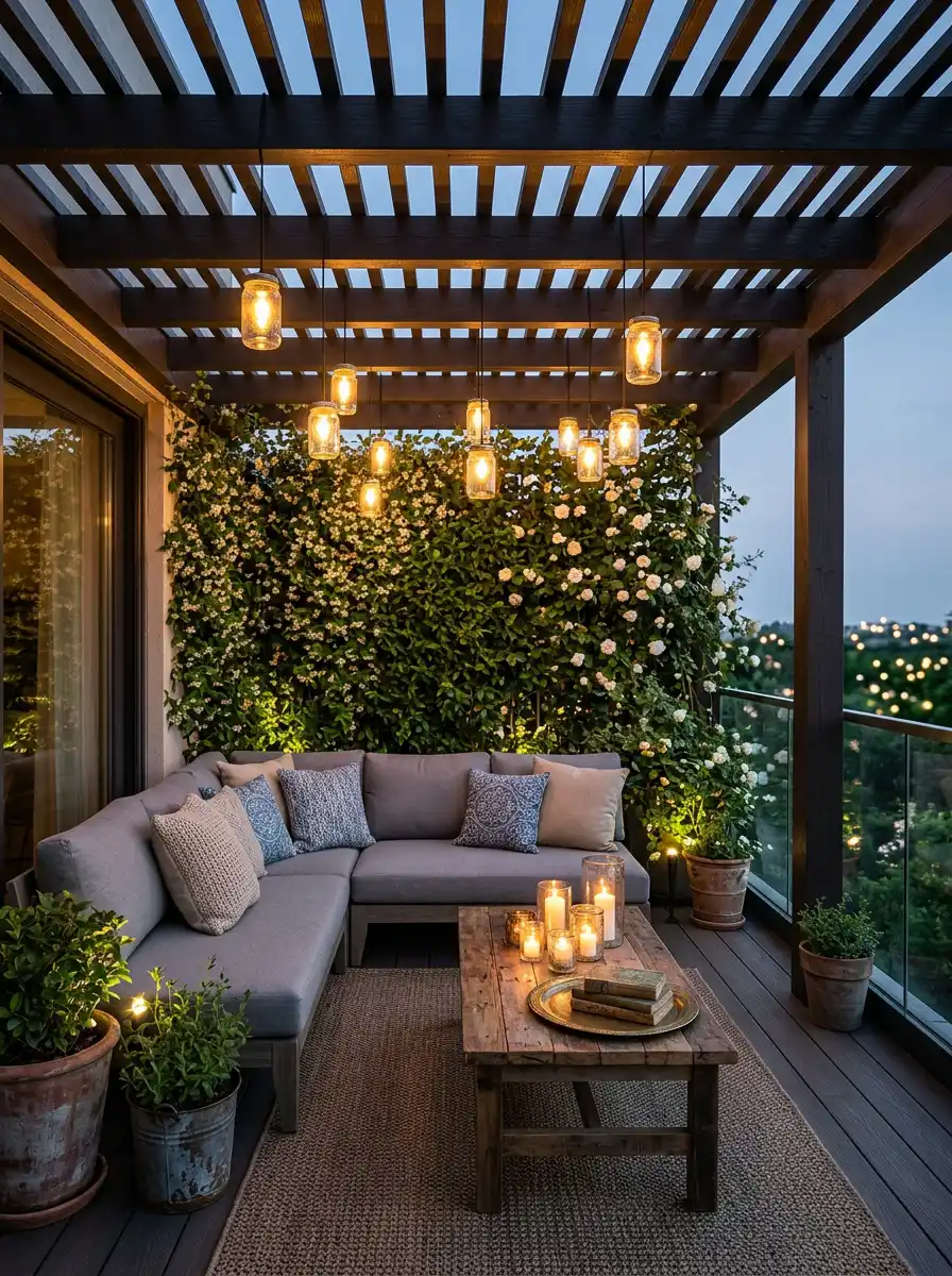 Luxury Modern Balcony Ideas : Chic Urban Conversation Starter - Luxury Modern Balcony Ideas : Illuminated Pergola Paradise with Vintage Twist