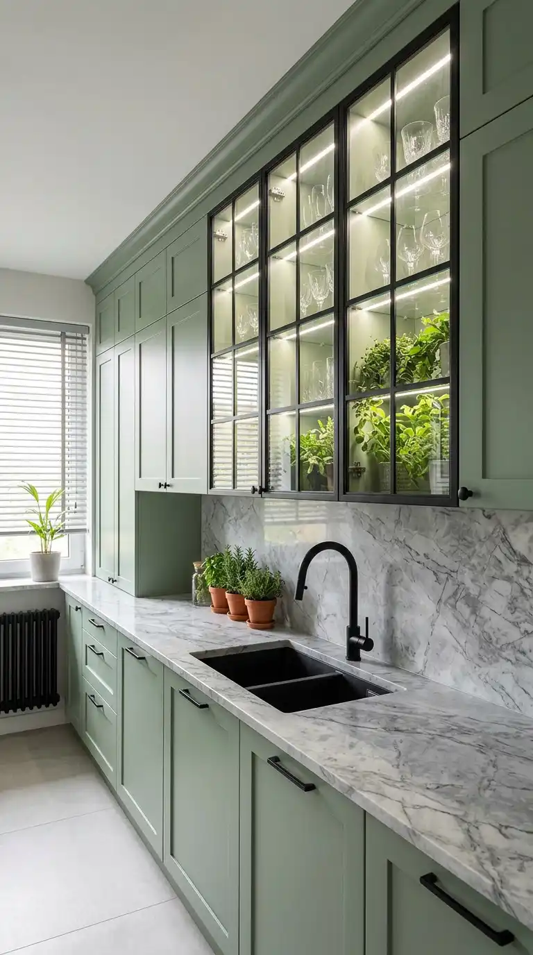 22. Classically Shaker: Glass-Front Upper Cabinets and Gray-Veined Stone