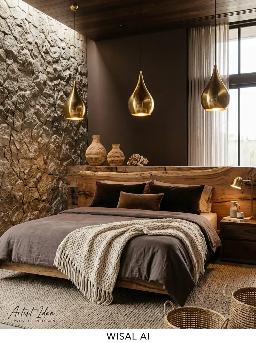 Luxury Mocha Bedroom Idea: The Curated Art and Texture Alcove - Luxury Mocha Bedroom Idea: The Organic Stone and Brass Sanctuary