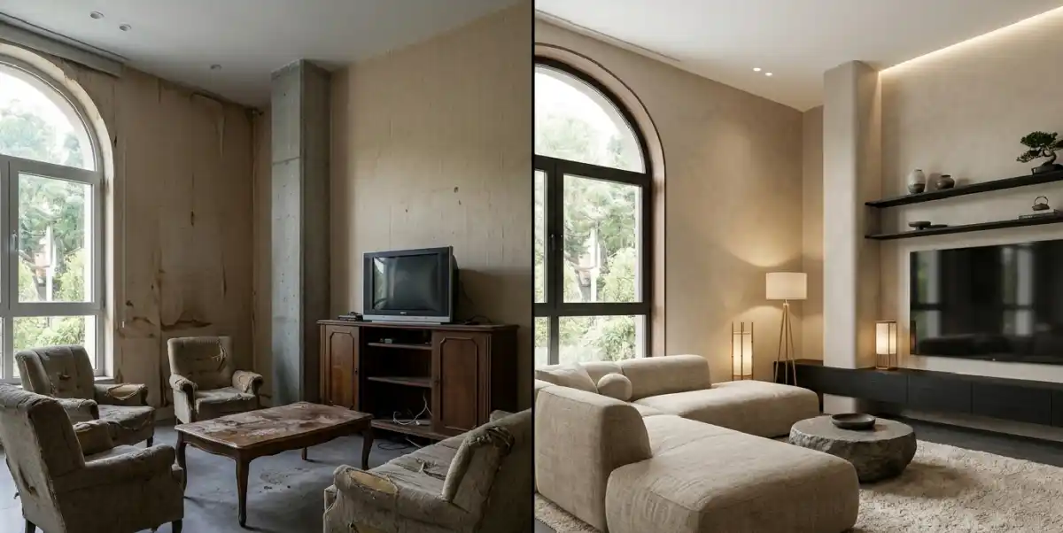 1. Architectural Synergy: The "Before & After" Structural Integrity - The Before & After journey of a light-filled living room, featuring organic-edged walnut furniture and Zen vibes.