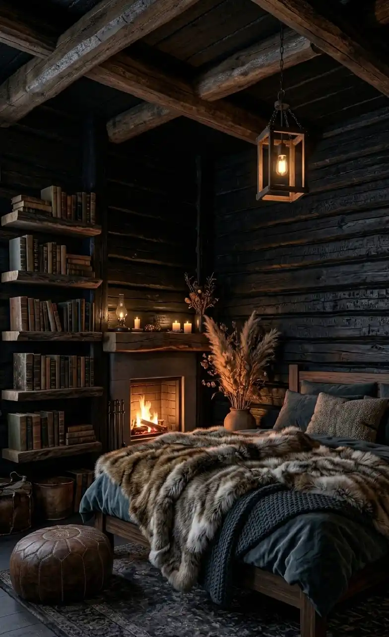 +20 Masterpieces of Shadow: The Ultimate Guide to Dark Moody Bedroom Design - This dark moody bedroom idea embraces "hygge" by using firelight and heavy furs to create a warm contrast against dark walls.