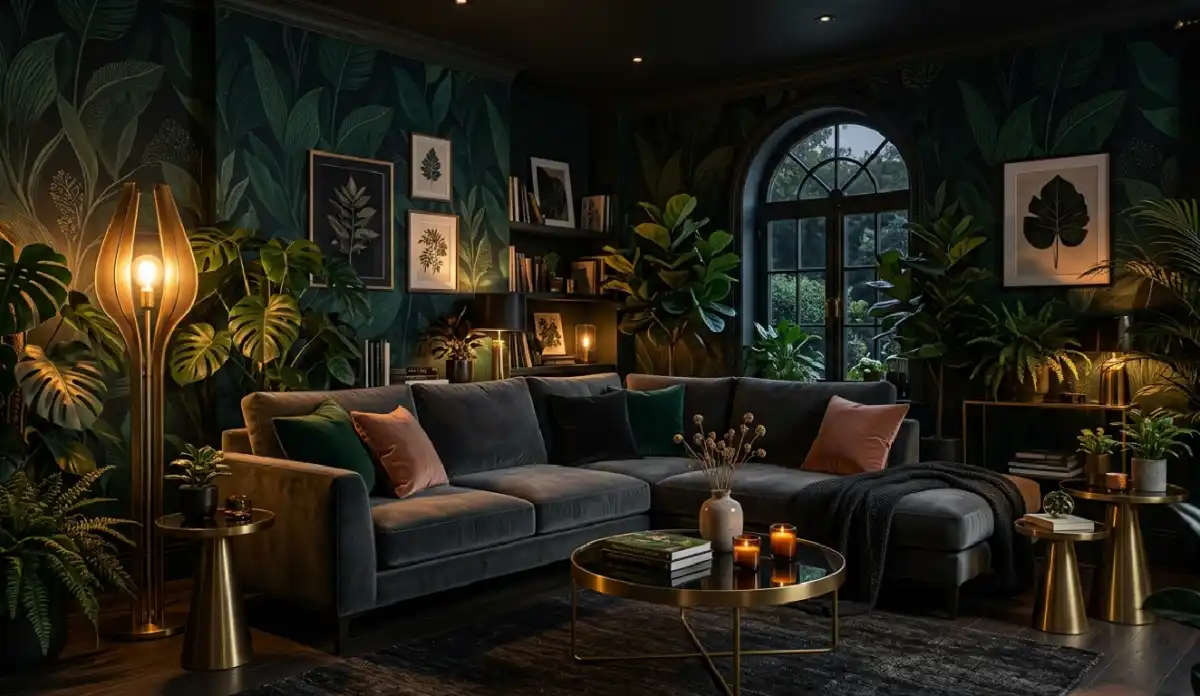 +20 Breathtaking Ideas to Master the Dark Living Room Style: A Definitive Guide to Moody Elegance, Cinematic Textures, and High-End Noir Interior Design for the Modern Home - 5. The Dark Botanical Sanctuary