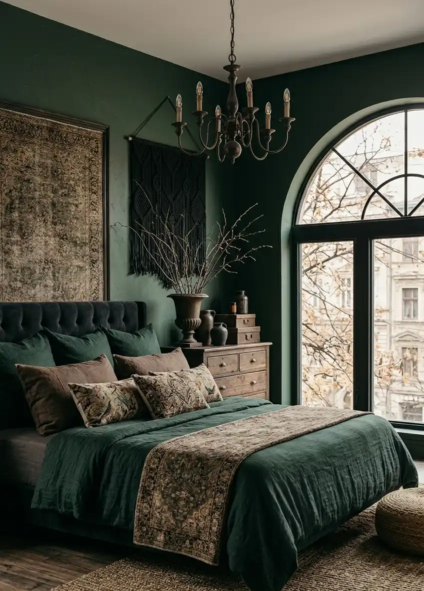 39+ Inspiring Bedroom Ideas: Where Rustic Simplicity Meets Dark Palace Elegance. - A rich and atmospheric detailed photograph of a cozy, antique-filled bedroom with a deep, forest-green matte plaster wall. 