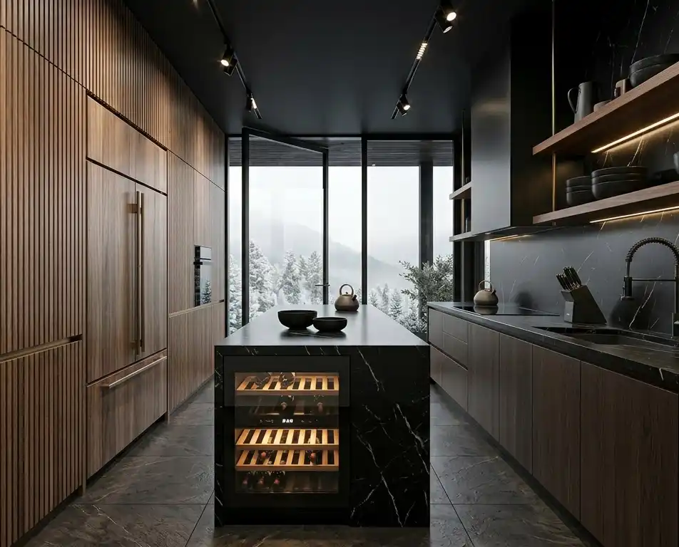 +30 Luxury Modern Kitchen Ideas: Redefining Industrial Noir and Japandi Minimalism -  Luxury Modern Kitchen Idea: Zen Wood and Noir Marble Fusion