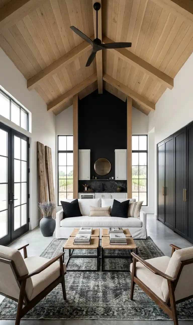 24 Moody Living Room Ideas That Redefine Dark Elegance with Bright Accents - Architectural interior photography of a vertical, double-height modern farmhouse living room