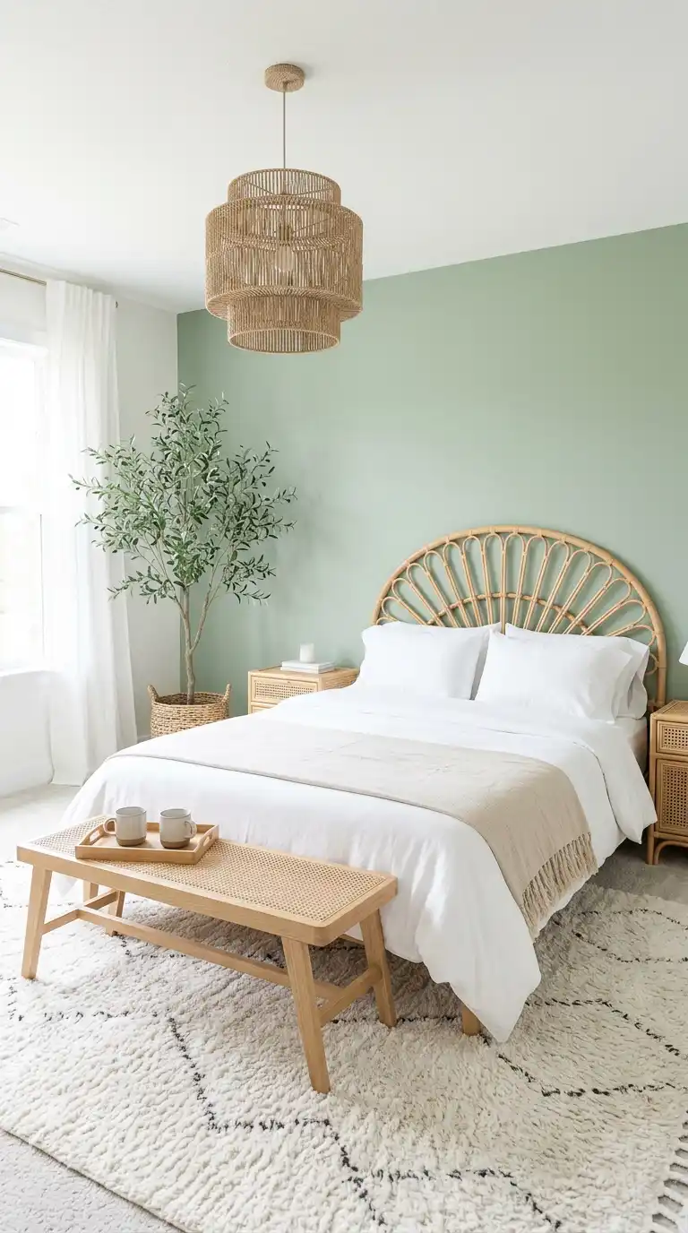 Elegant BOHO Bedroom Idea: Rustic Beam Retreat - Elegant BOHO Bedroom Idea: Sage Green Serenity