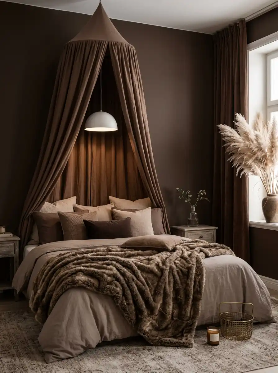 Luxury Mocha Bedroom Idea: The Organic Stone and Brass Sanctuary - Luxury Mocha Bedroom Idea: The Canopied Evening Dreamscape