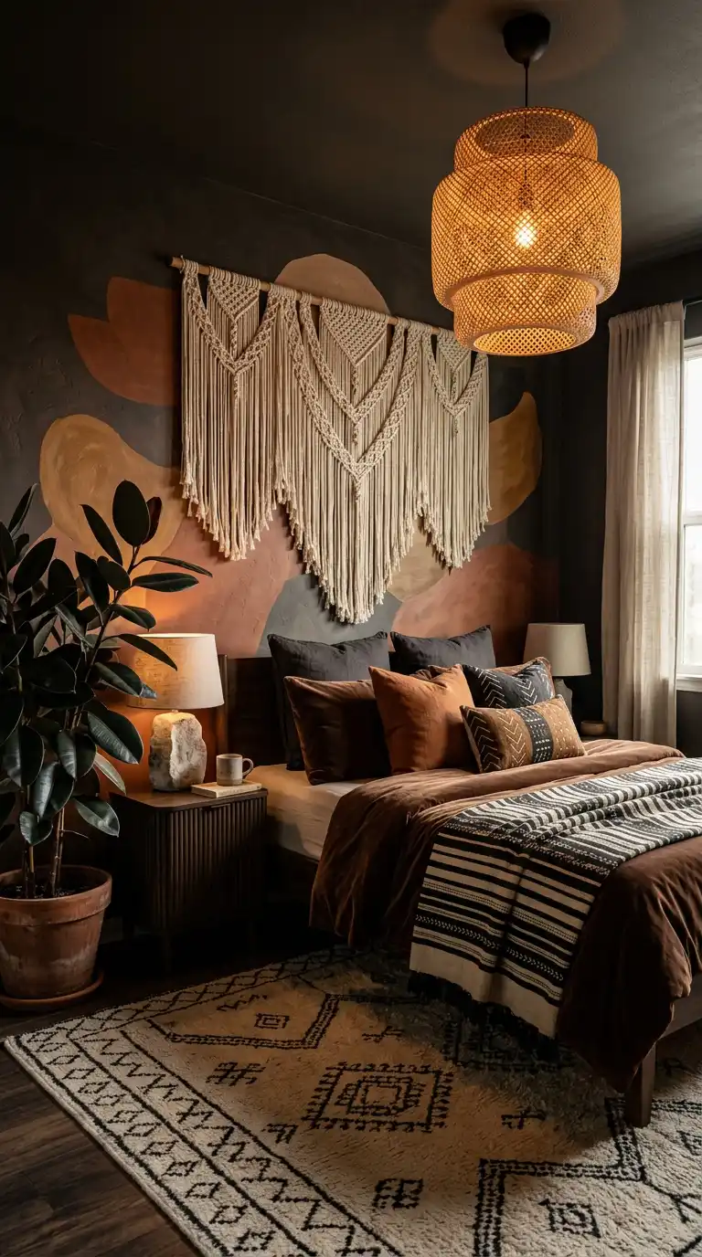 Elegant BOHO Bedroom Idea: The Scandi-Boho Beam Loft - Elegant BOHO Bedroom Idea: The Dark Moody Clay Mural