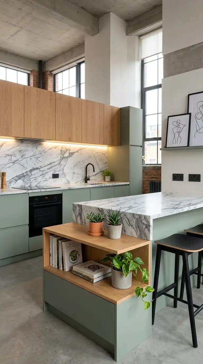 25. Urban Loft Vibe: Wood Upper Cabinets and Striking Marble Accents