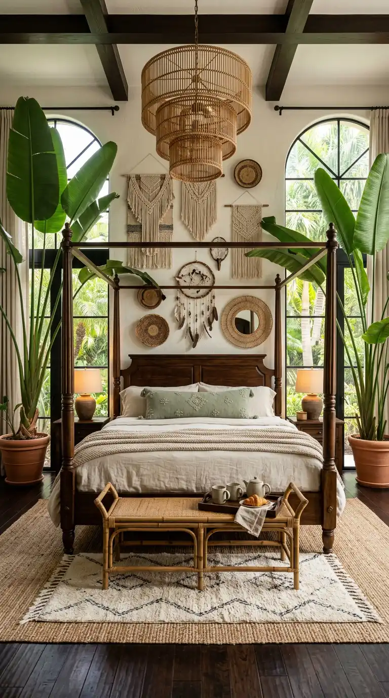 Elegant BOHO Bedroom Idea: The Dark Moody Clay Mural - legant BOHO Bedroom Idea: The Tropical Organic Estate