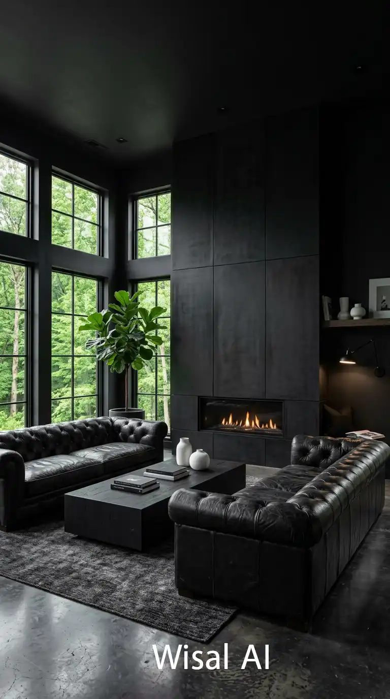 8.Bold Industrial Paneling for a Dark Moody Living Room Interior