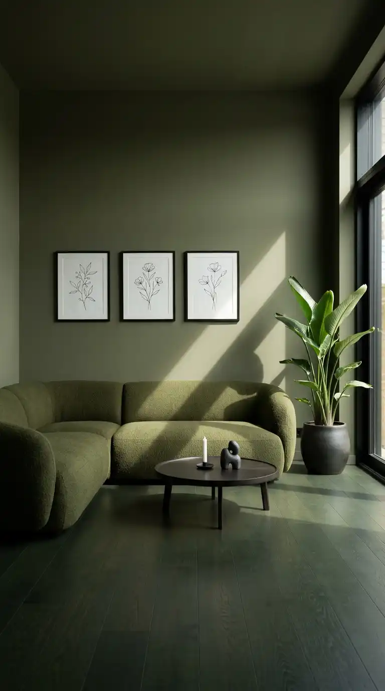 10.Bold Minimalism: Sculptural Olive Green Sofa Living Room Ideas
