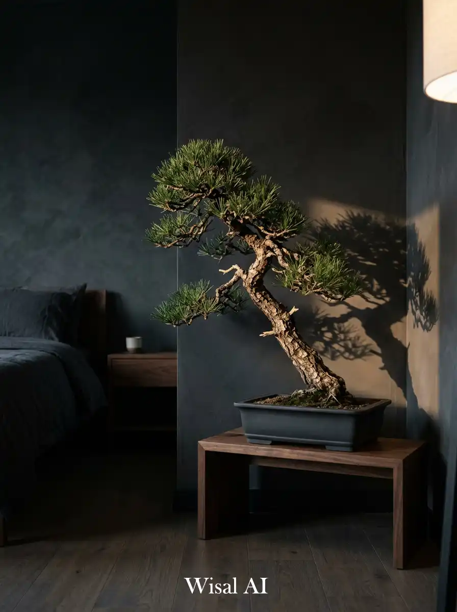 16. Bonsai in a Dark Japandi Bedroom  One Living Thing, Not a Garden