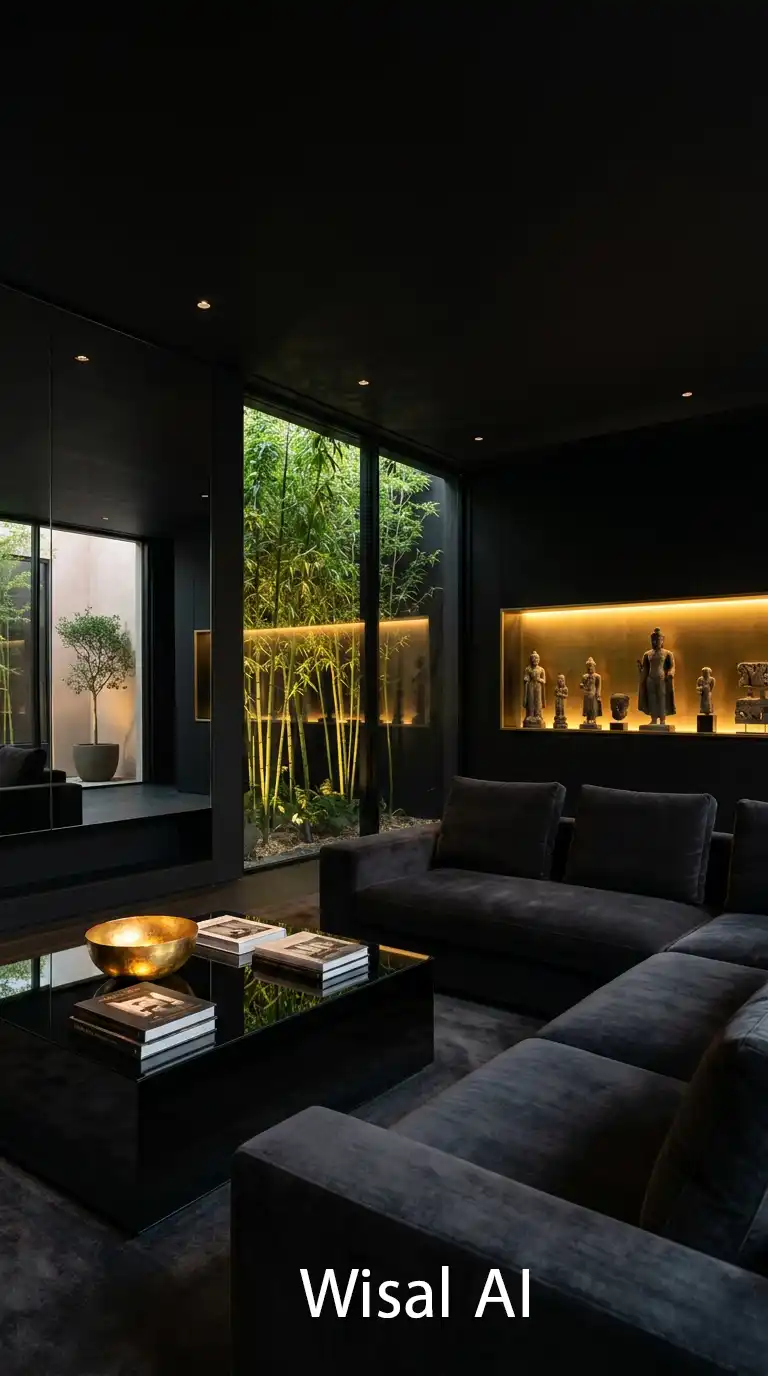 25.Bringing Nature into the Dark Moody Living Room with Architectural Bamboo