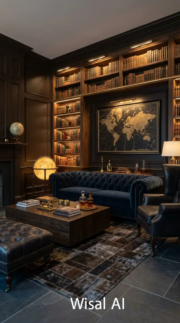 28.Classic Blue Velvet and Antique Gold in a Bold Dark Moody Living Room