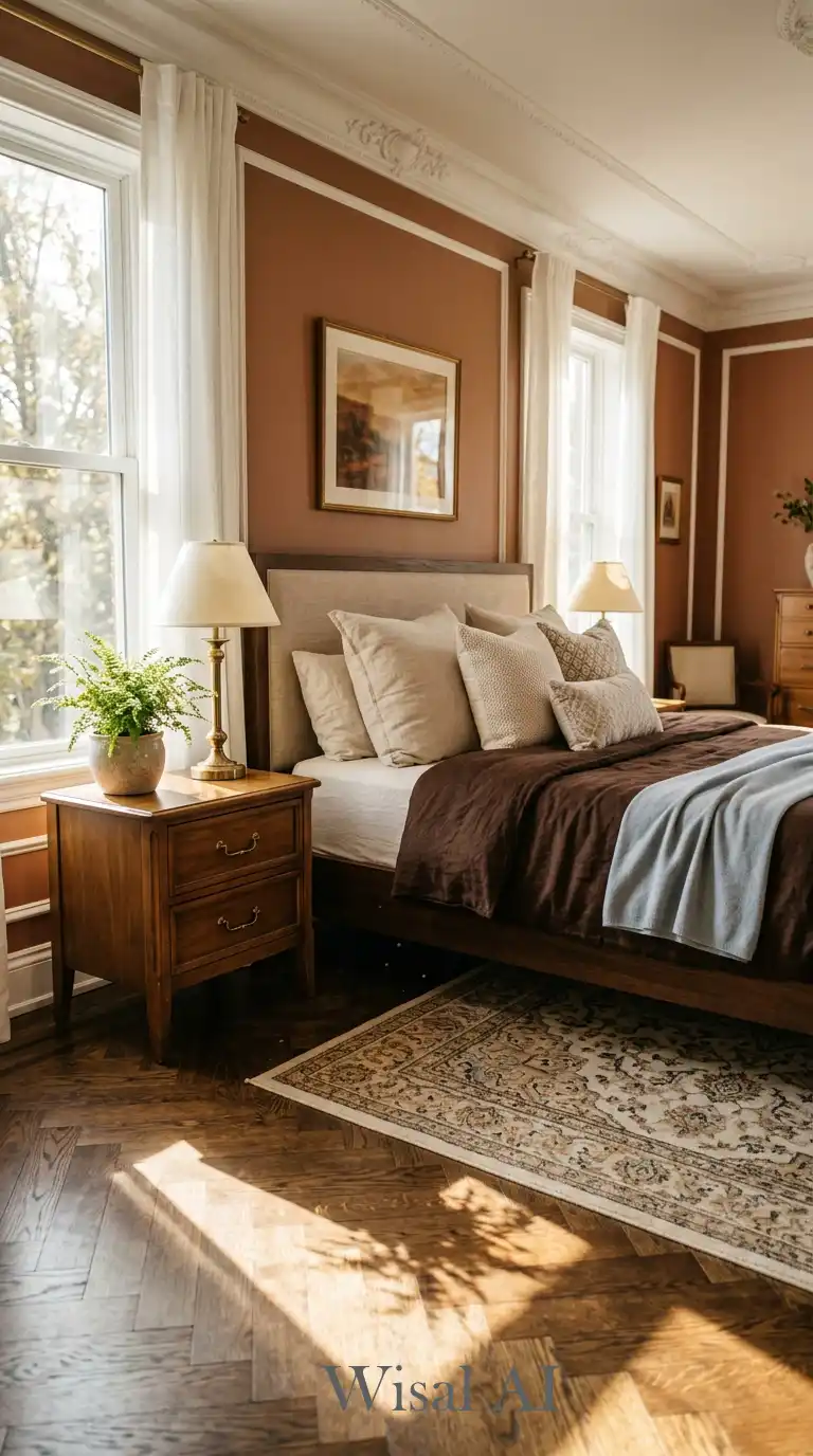 19.Classic Sophistication: Sunlight and Timber in a Luxury Brown and White Bedroom