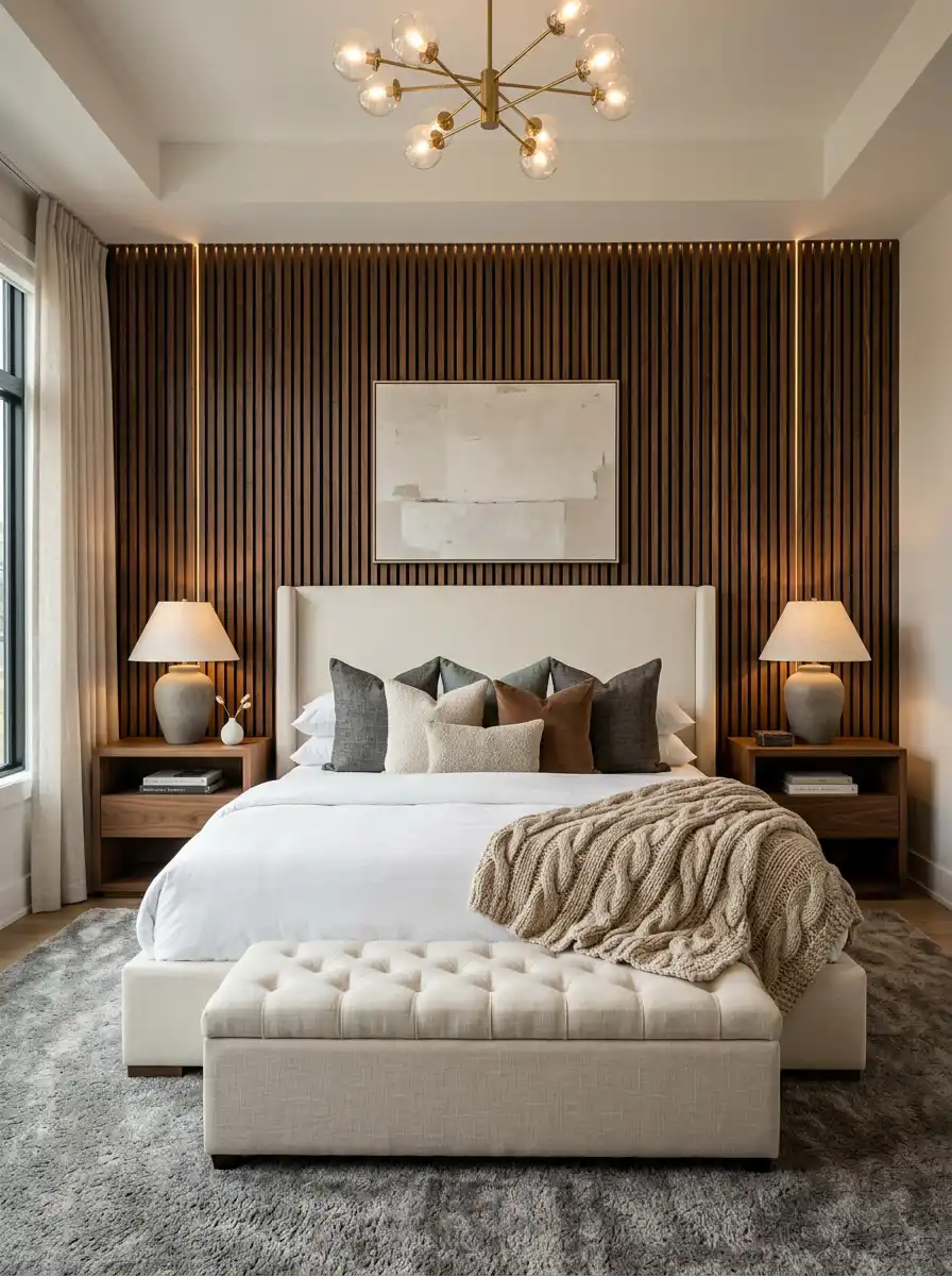 16.Masterful Symmetry and Dynamic Layering: Cozy Bedroom Idea