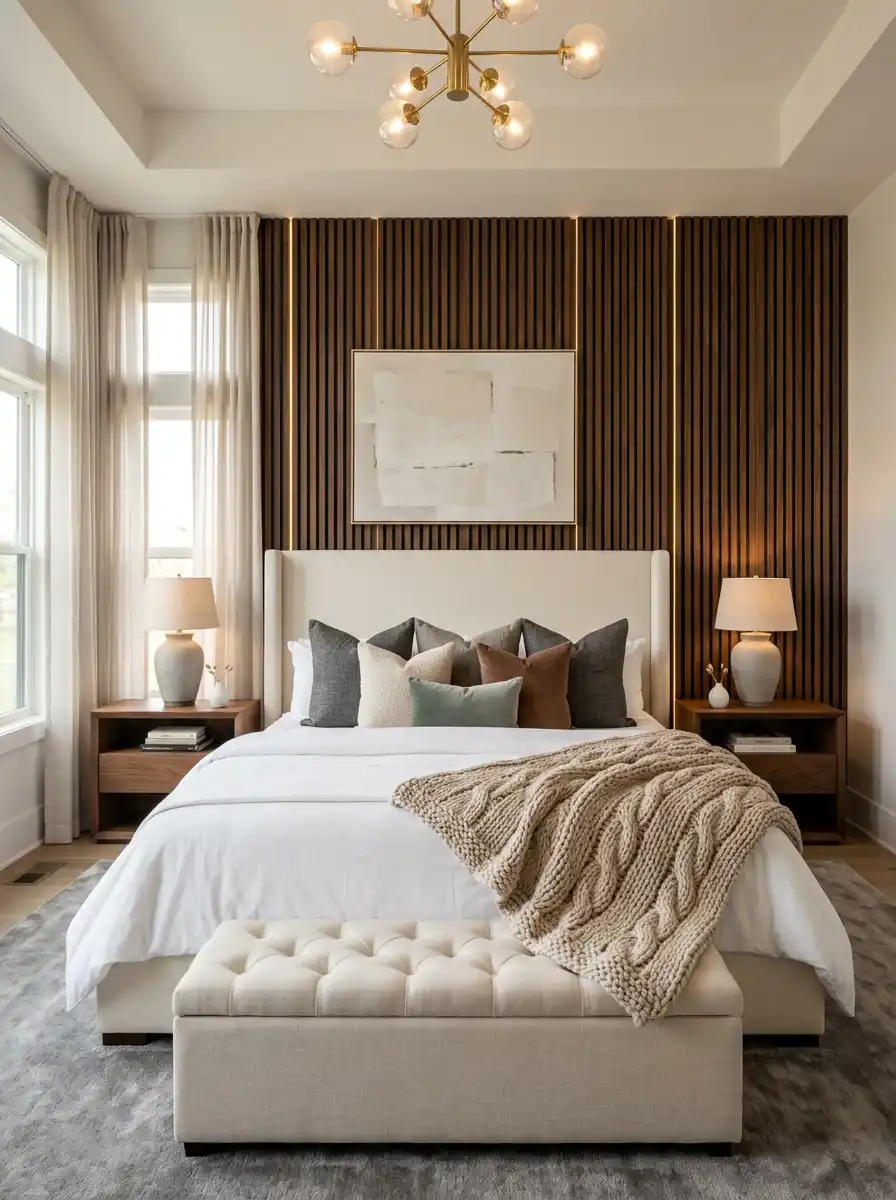 19.Mastering Geometric Opulence and Textural Harmony: A Cozy Bedroom Idea