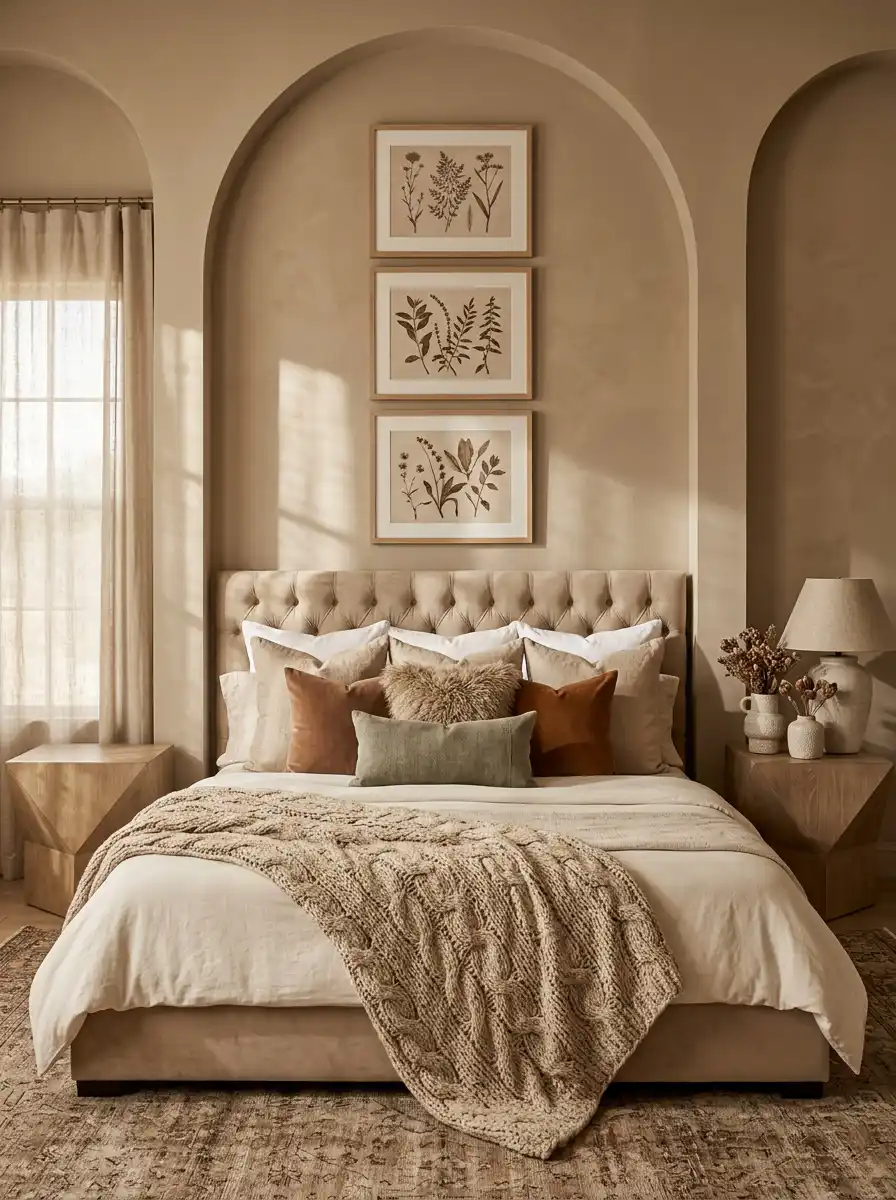 18.Mastering the Monochromatic Nude Tonal Space: Cozy Bedroom Idea