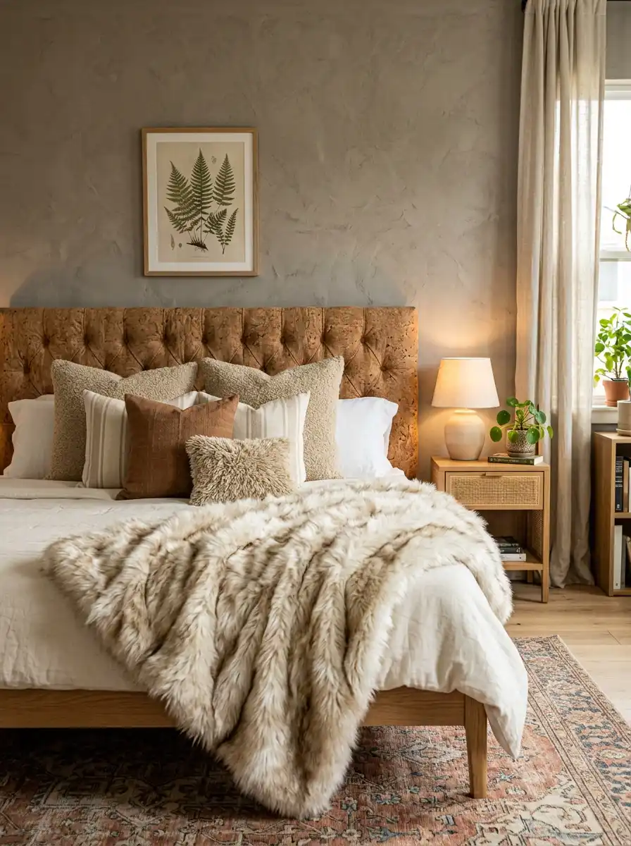 17.The Art of Layered Natural Elements and Tonal Richness: A Cozy Bedroom Idea