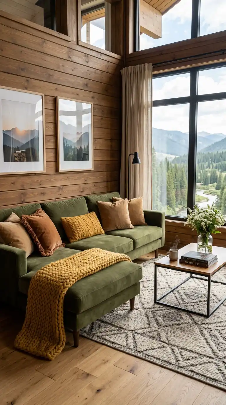 16.Cozy Cabin Vibes: Olive Green Sofa Living Room Ideas with Warm Wood Accents