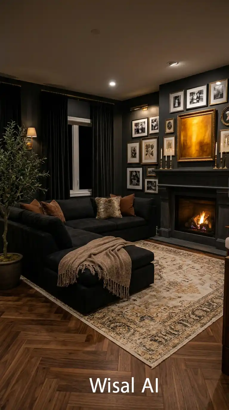 26.Cozy Layers and Rustic Charm in a Dark Moody Living Room Sanctuary