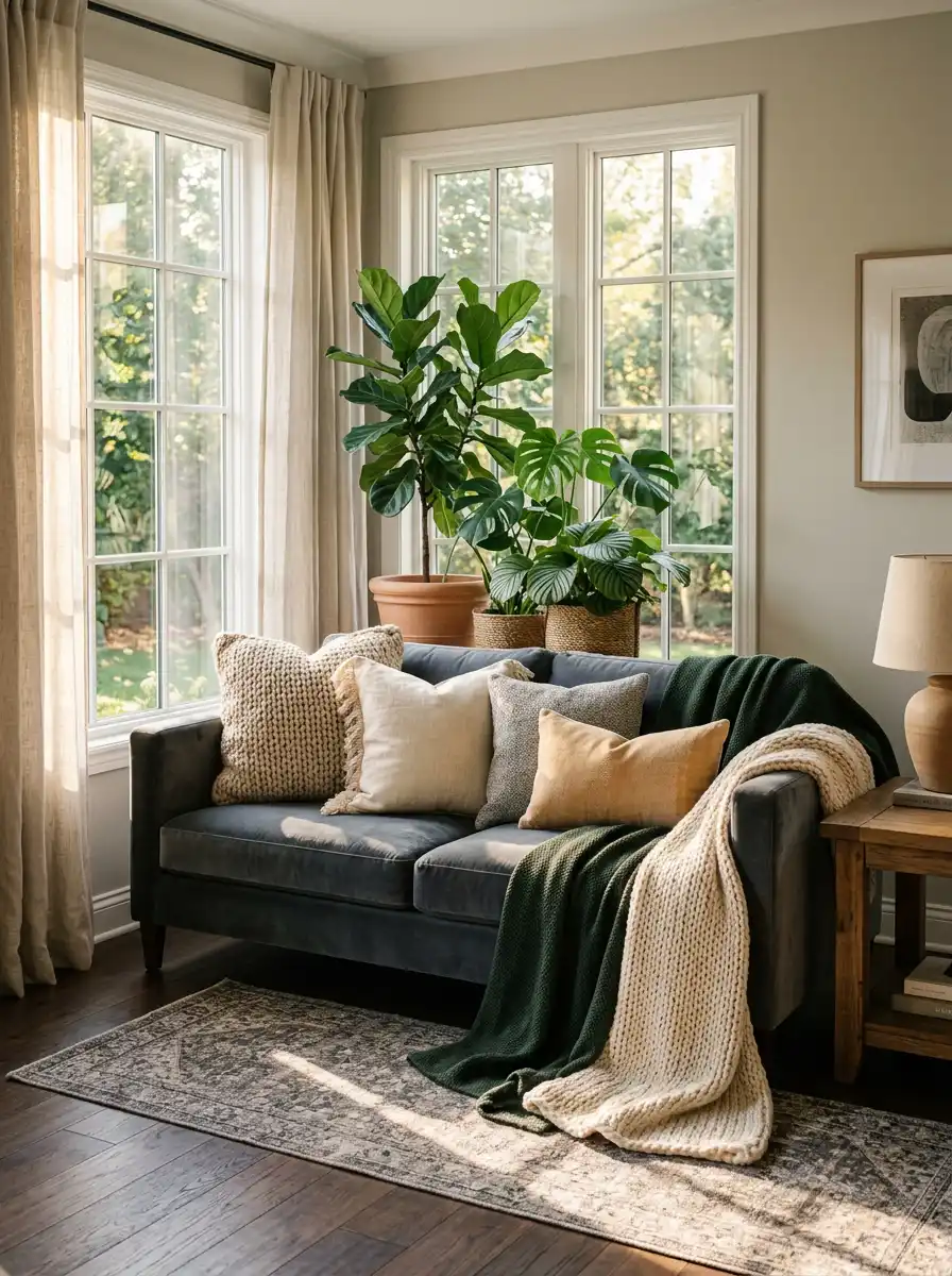 1.Cozy Living Room Idea : The Sun-Drenched Textural Sanctuary
