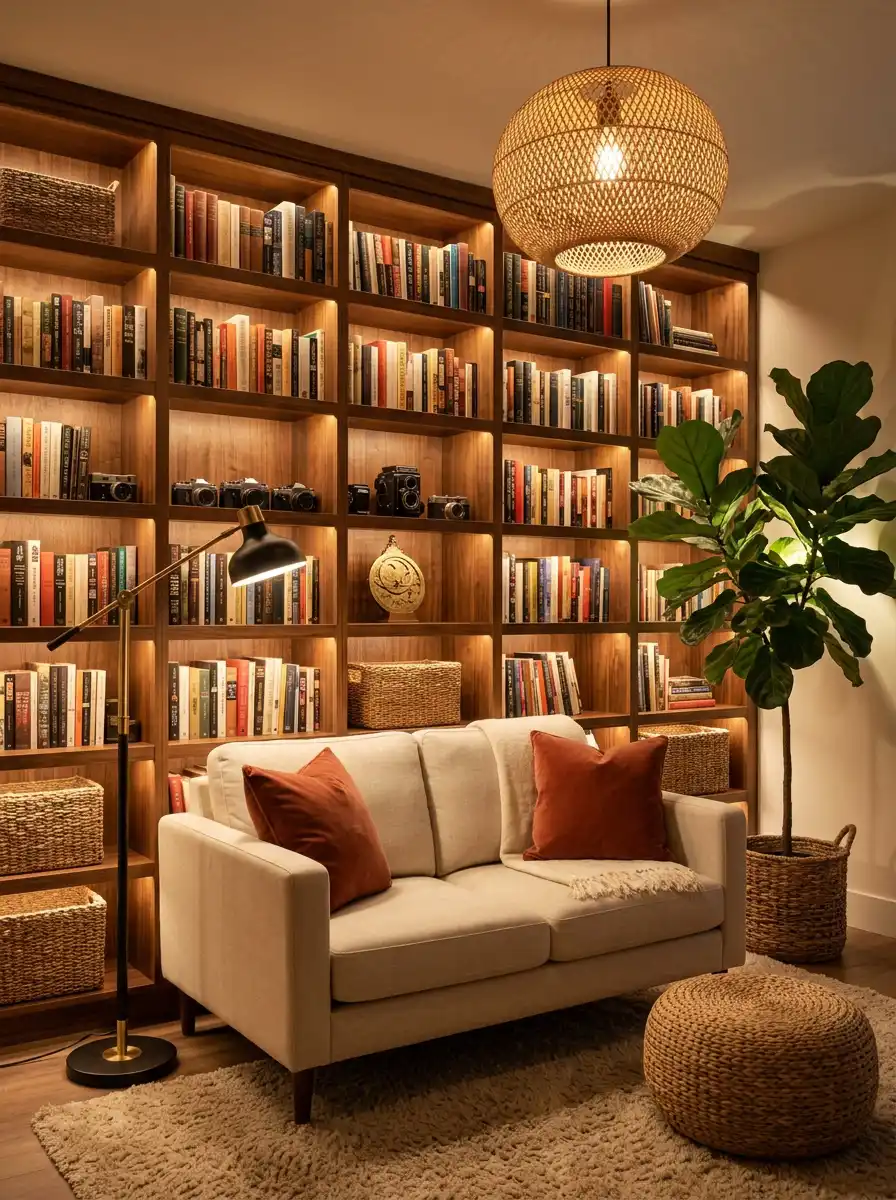 44.The Elevated Bookshelf Nook: Cozy Living Room Idea