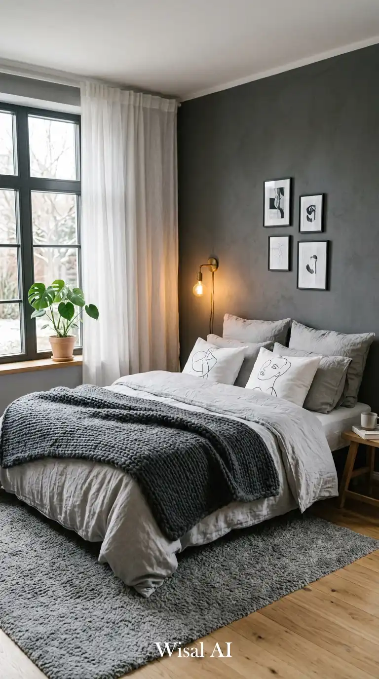 15.Cozy Minimalist Gray Bedroom Idea: Textured Nest