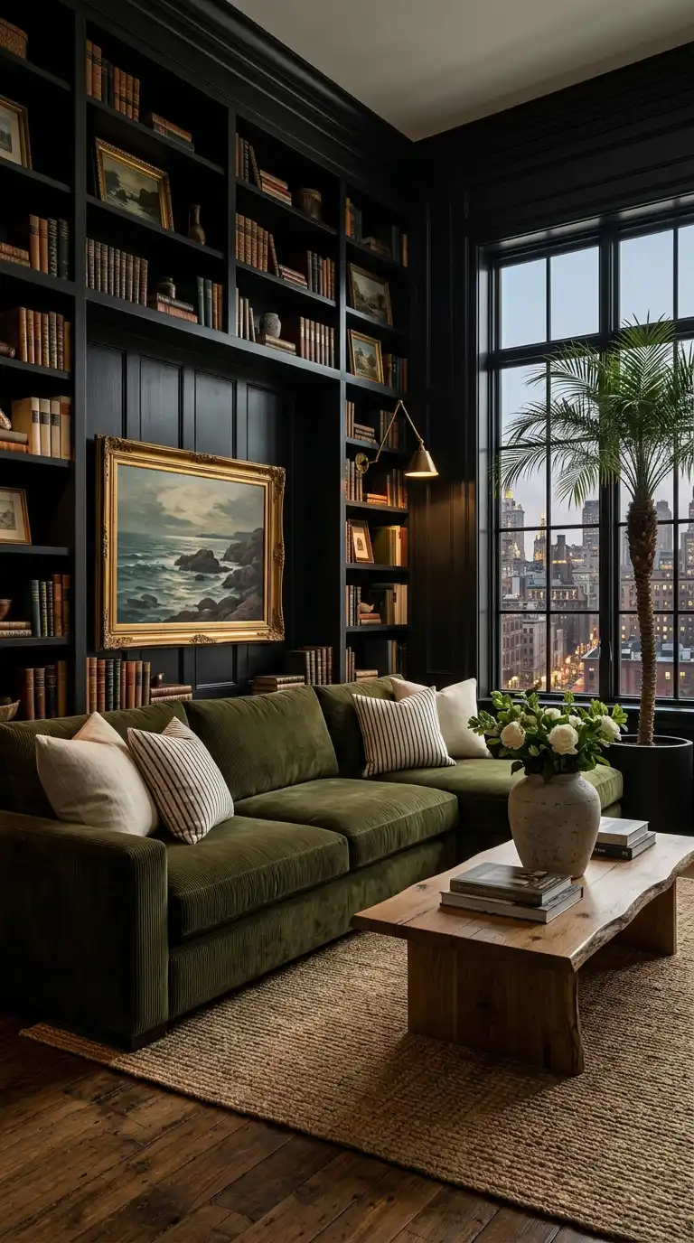 27.Creating a Moody Executive Retreat with Dark Walls and a Luxurious Olive Green Sofa