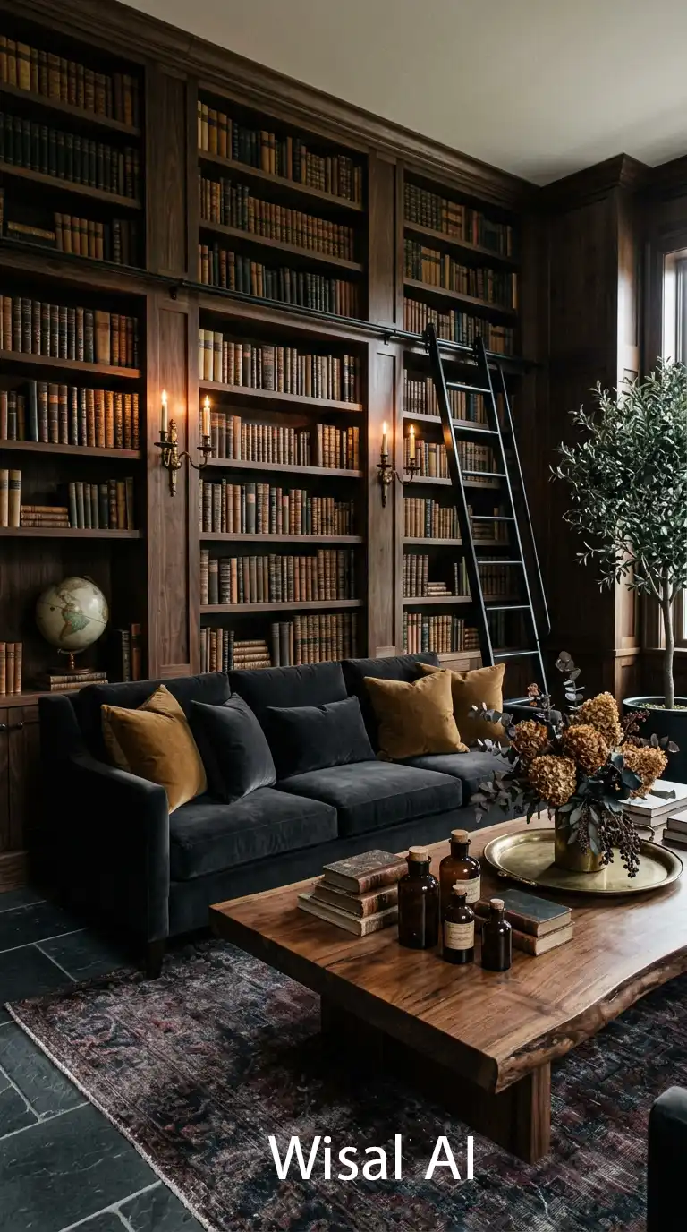 30.Curated Artifacts and Dark Moody Living Room Shelving for the Modern Intellectual