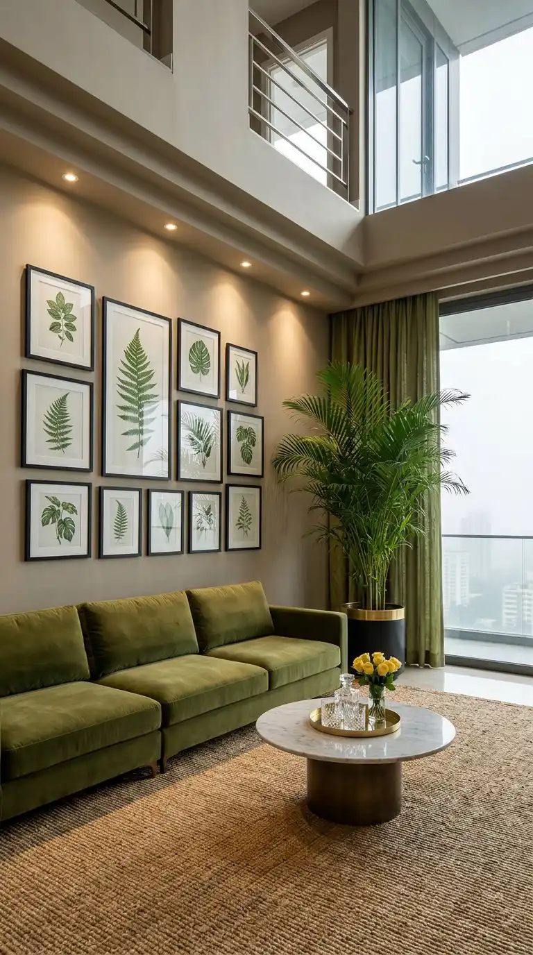 9.Curated Comfort: Botanical-Inspired Olive Green Sofa Layouts
