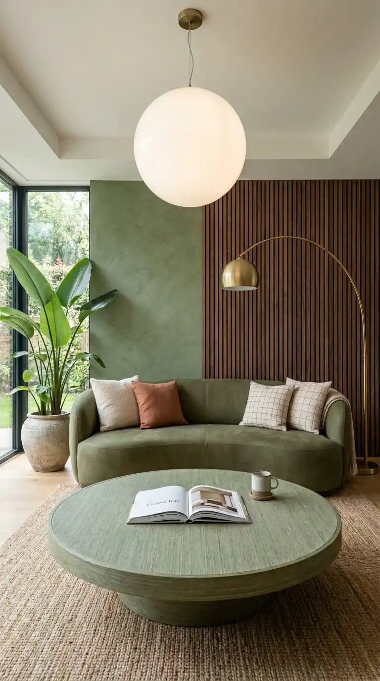 40.Curved Furniture Trends and Harmonious Living with an Olive Green Sofa