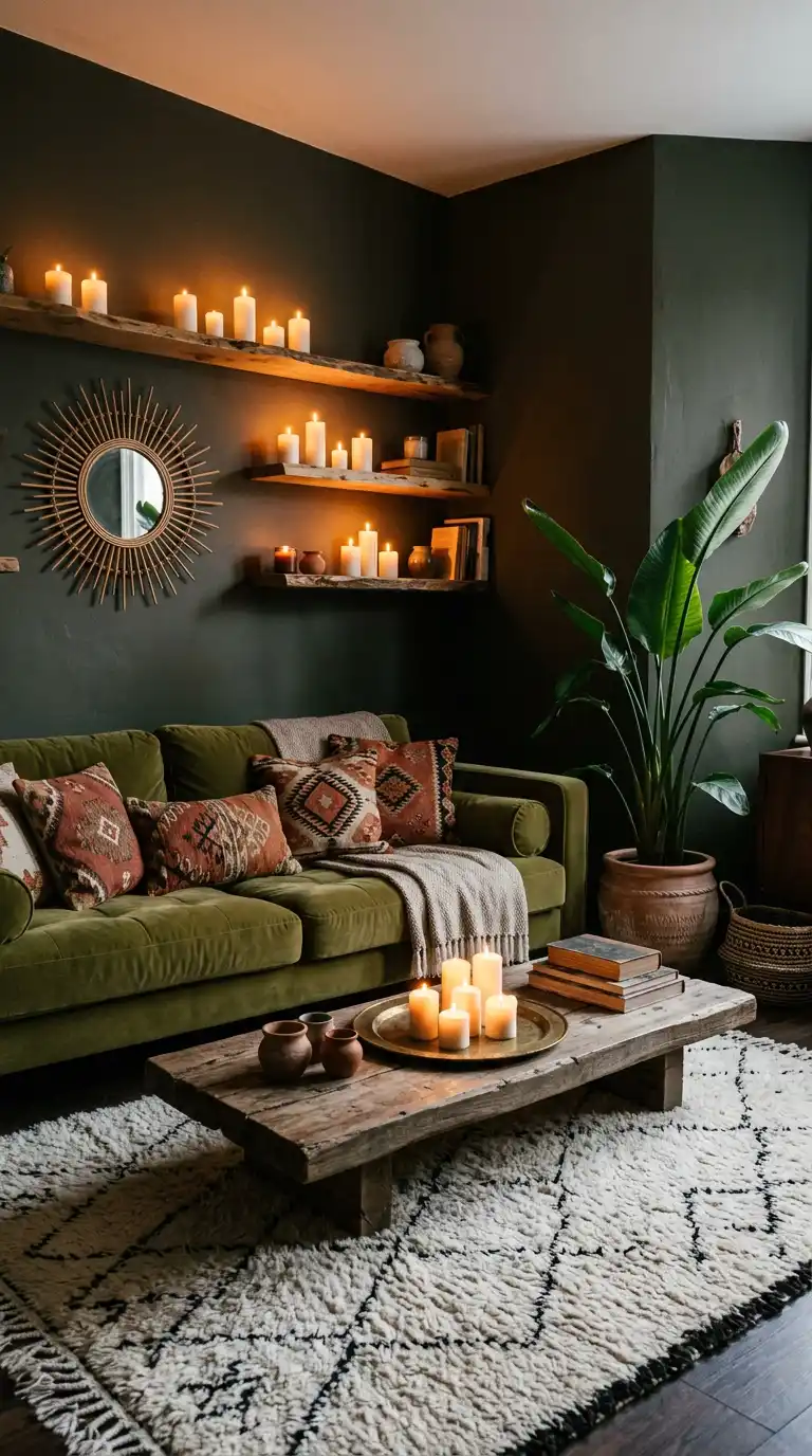 35.Dark Academia and Biophilic Design with an Olive Green Sofa Centerpiece