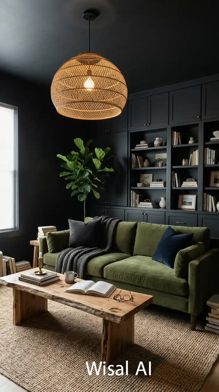 Dark Moody Living Room: Harmonizing Natural Wood and Deep Velvets