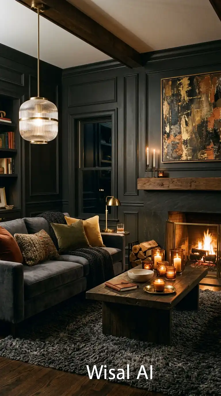 Dark Moody Living Room: Intimate Textures and Golden Accents