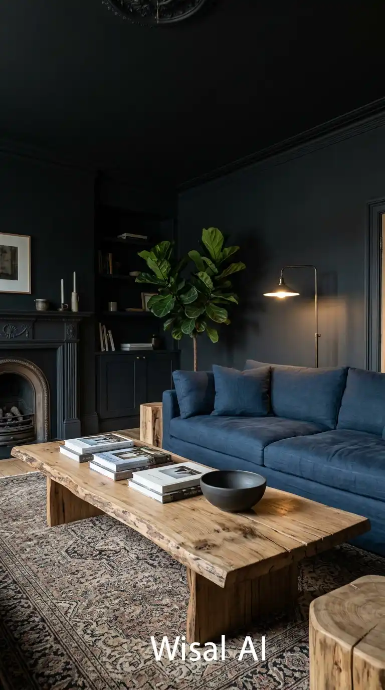 16.Dark Moody Living Room: Symmetry and Metallic Brilliance