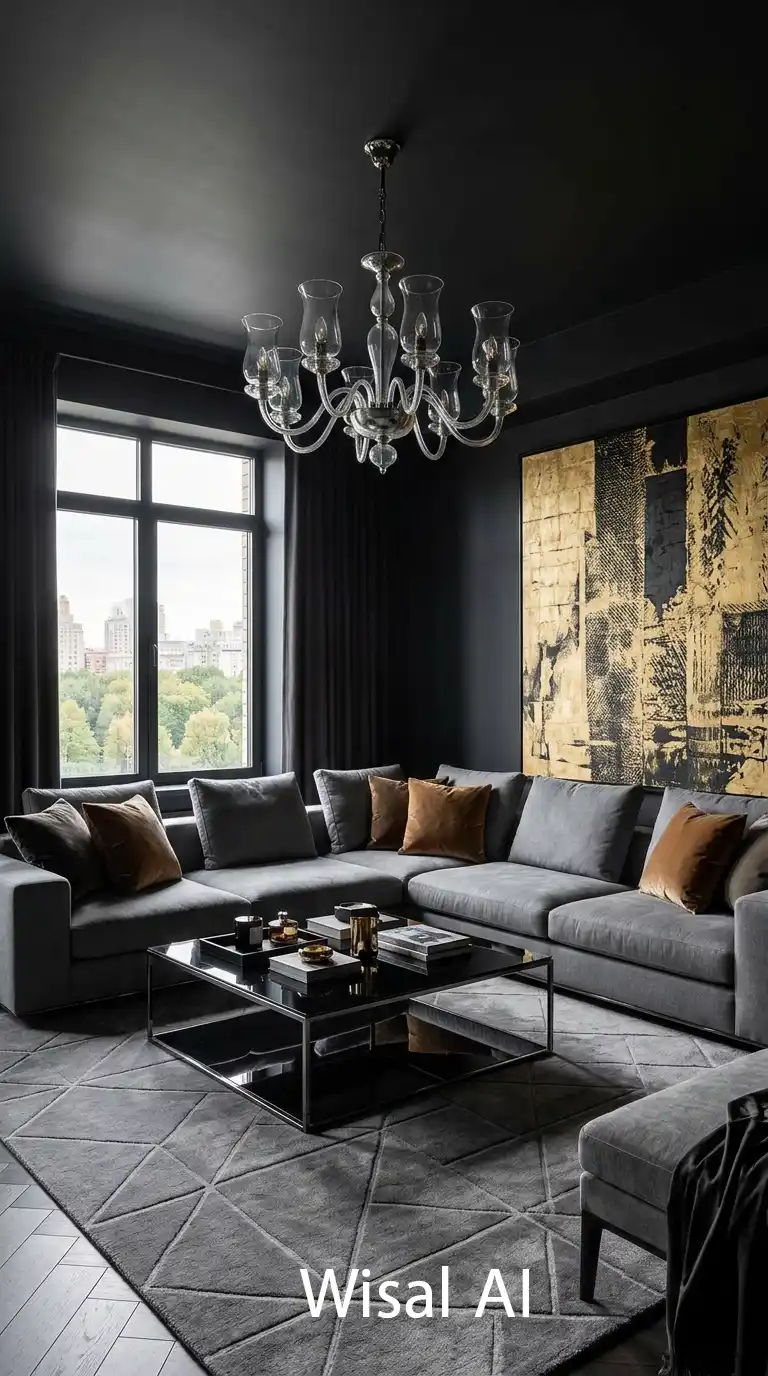 Dark Moody Living Room: Timeless Textures and Urban Views