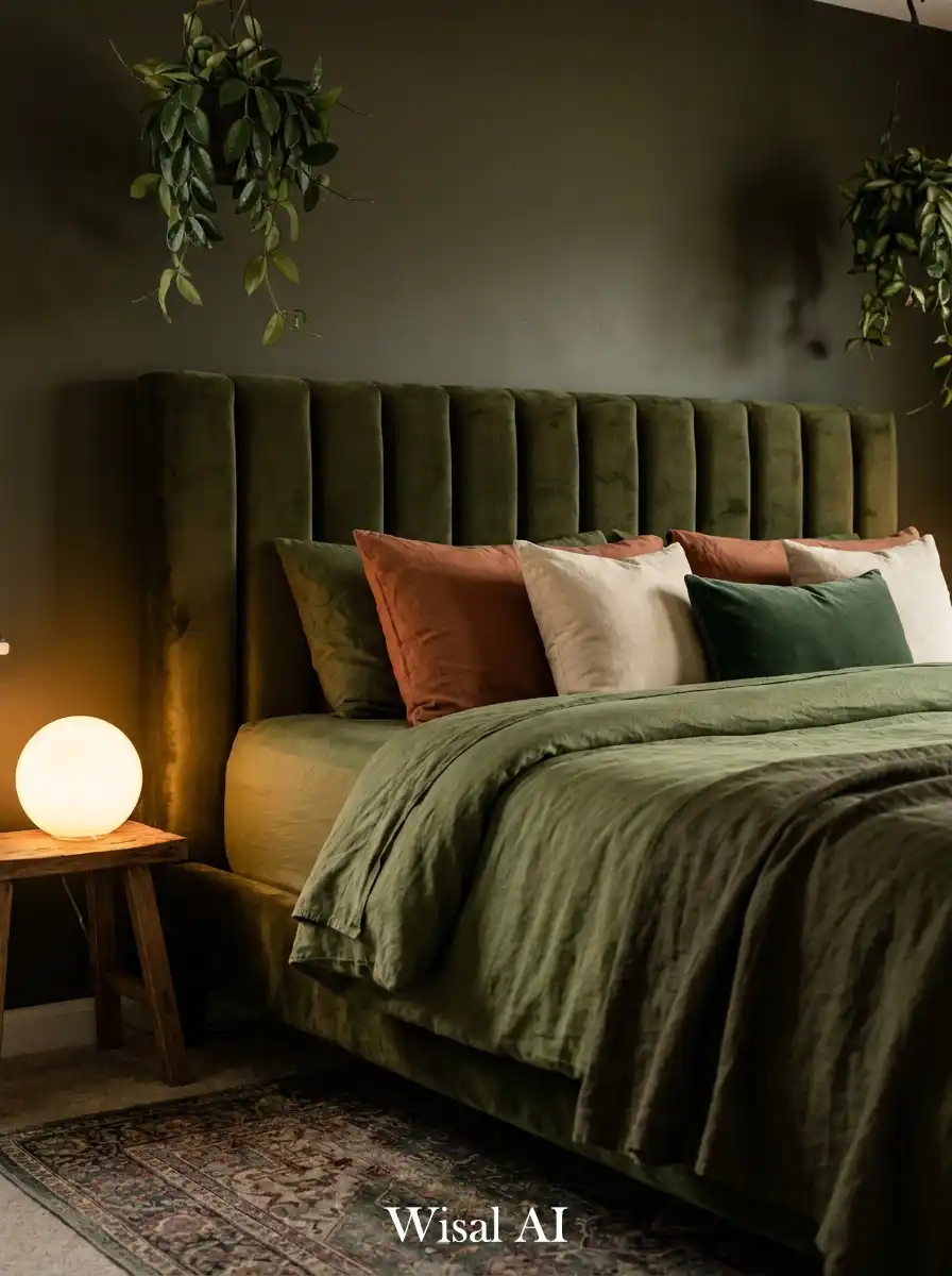 Dark Olive Bedroom Idea: Layered Textiles and Soft Glows