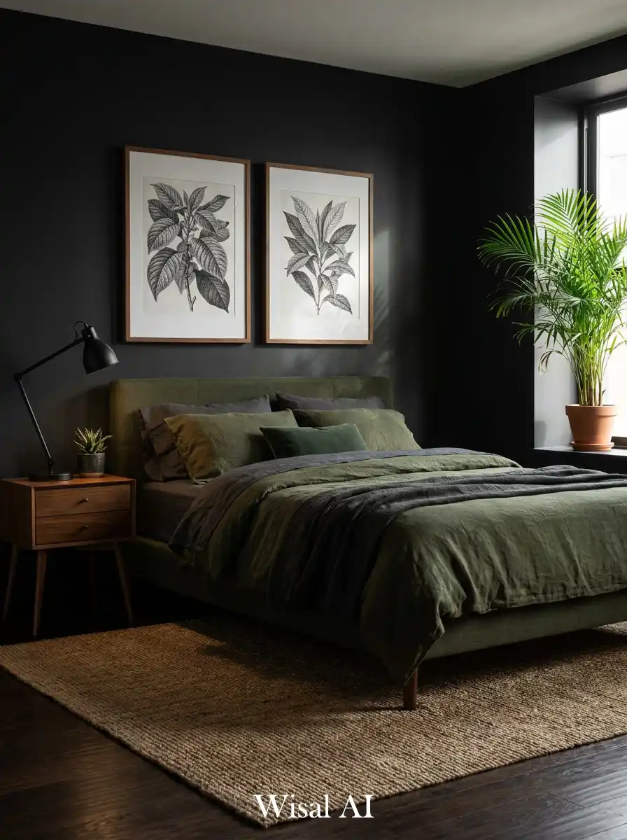 Dark Olive Bedroom Idea: Matte Walls and Leafy Art
