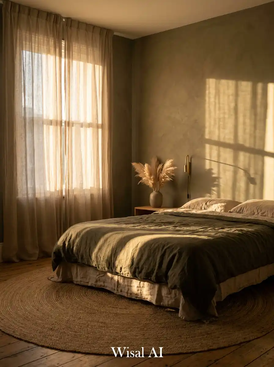 Dark Olive Bedroom Idea: Natural Light and Texture Play