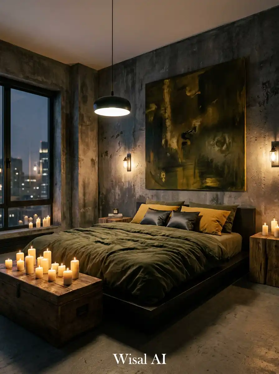 Dark Olive Bedroom Idea: Raw Concrete and Candlelight