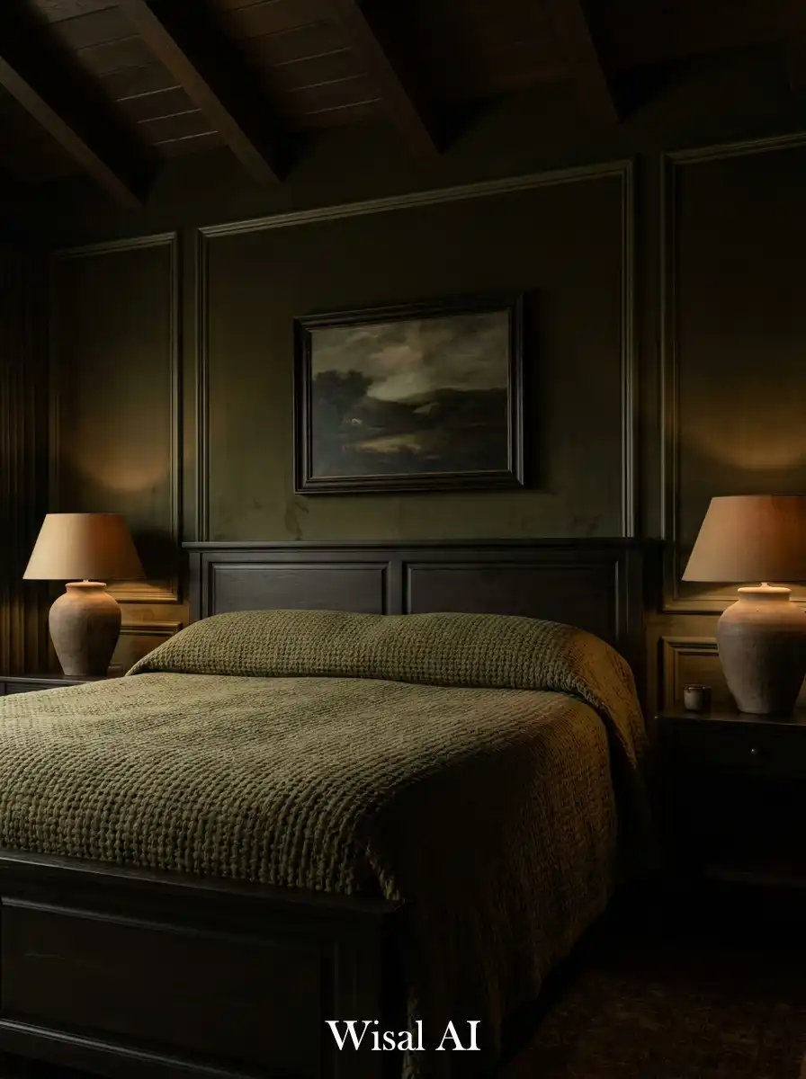 Dark Olive Bedroom Idea: Traditional Molding and Sculptural Lighting