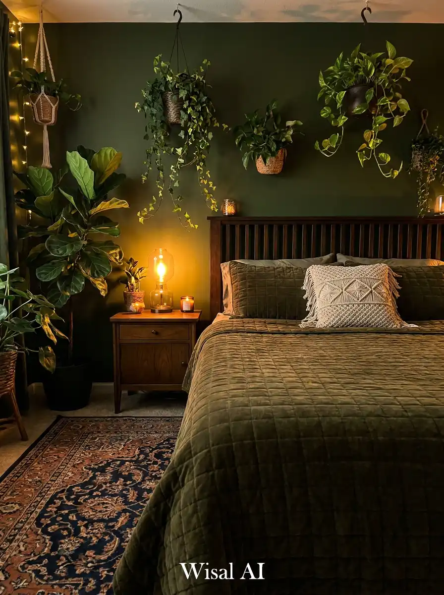 Dark Olive Bedroom Idea: Vertical Greenery and Dark Woods