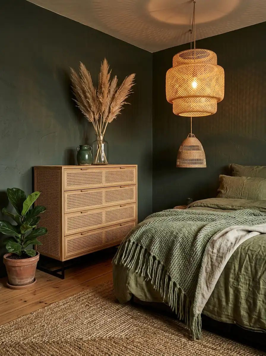 11.Deep Green and Woven Rattan: The Tactile Textural Retreat (Green Bedroom Ideas)