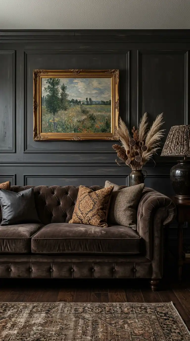 Deep Textures and Velvet Finishes for a Dark Brown Living Room