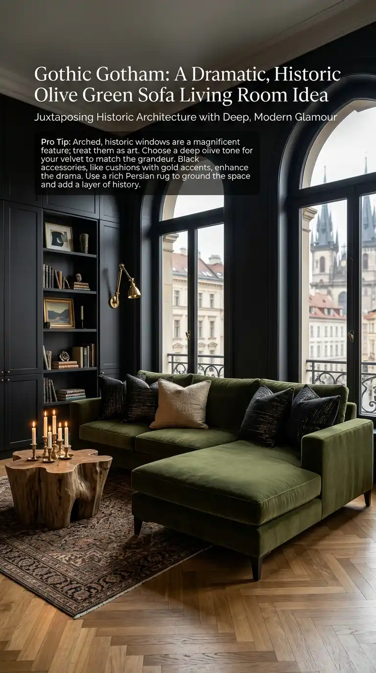 28.Dramatic Shadows: Pairing Gothic Arched Windows with a Deep Olive Green Sofa